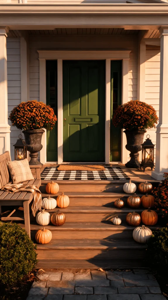 Front porch steps lined with white and orange pumpkins and potted mums for fall