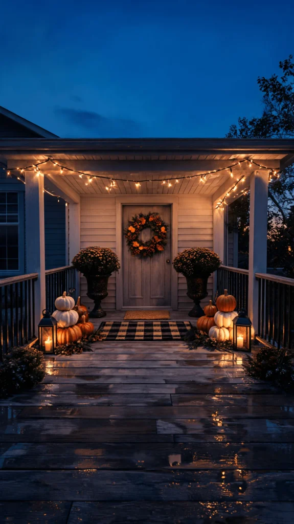 Fall porch at night with string lights on the railings, a wreath and lanterns by the door