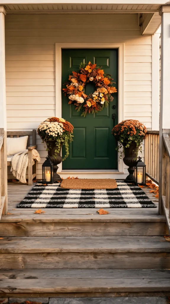 Classic fall porch with a wreath on a green door, two pots of mums and a black and white check rug