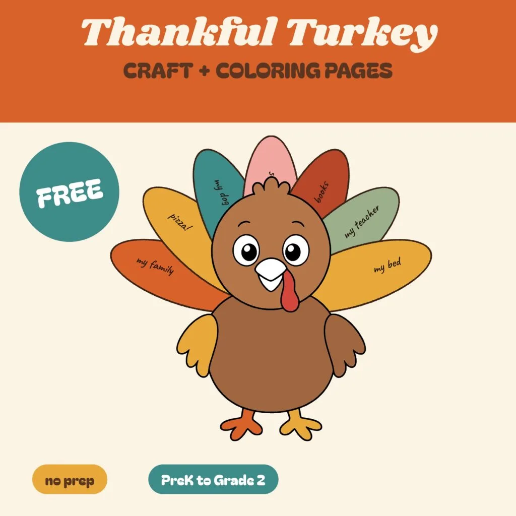 Free thankful turkey craft for children with I am thankful for feathers
