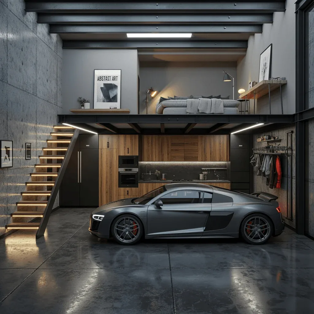 Architectural garage loft with sculptural floating stairs, angular lighting and a car display below
