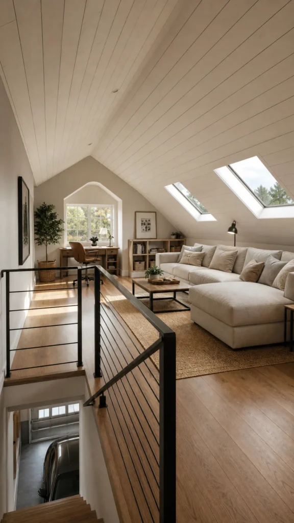 Finished bonus room loft over a garage with a sloped white plank ceiling, skylights, sectional sofa, jute rug and desk under a dormer window