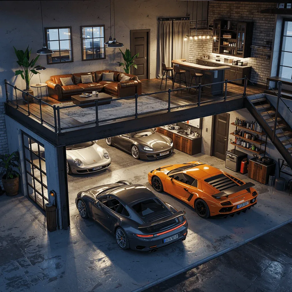 Split level garage loft with several sports cars below and a brick walled lounge and bar on the loft level