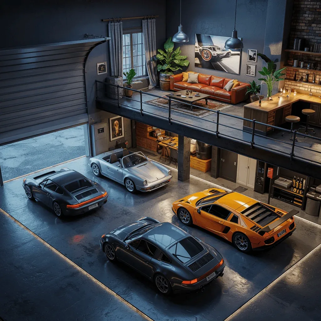 Concrete garage loft with the car bay on show behind glass partitions and warm wood furniture above