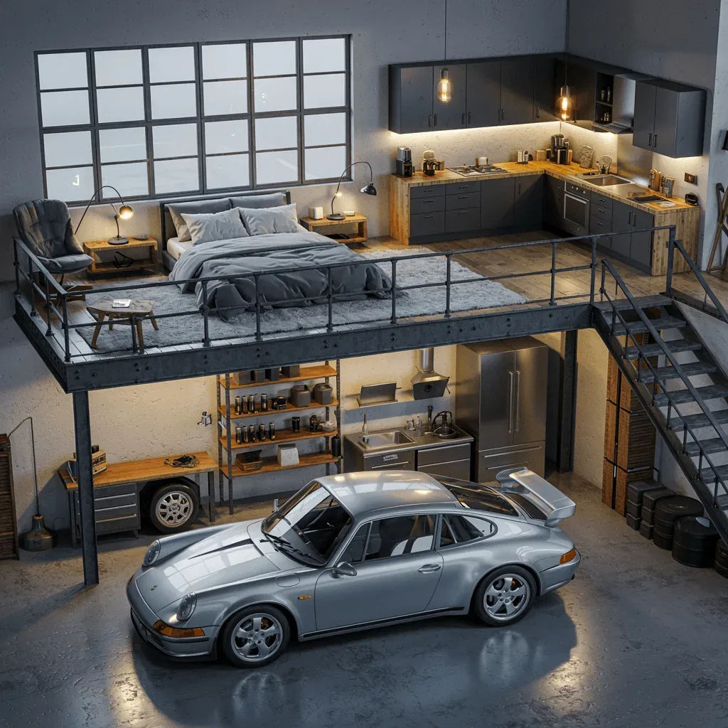 Bright garage loft conversion with large windows, floating stairs and a minimal studio on the upper level