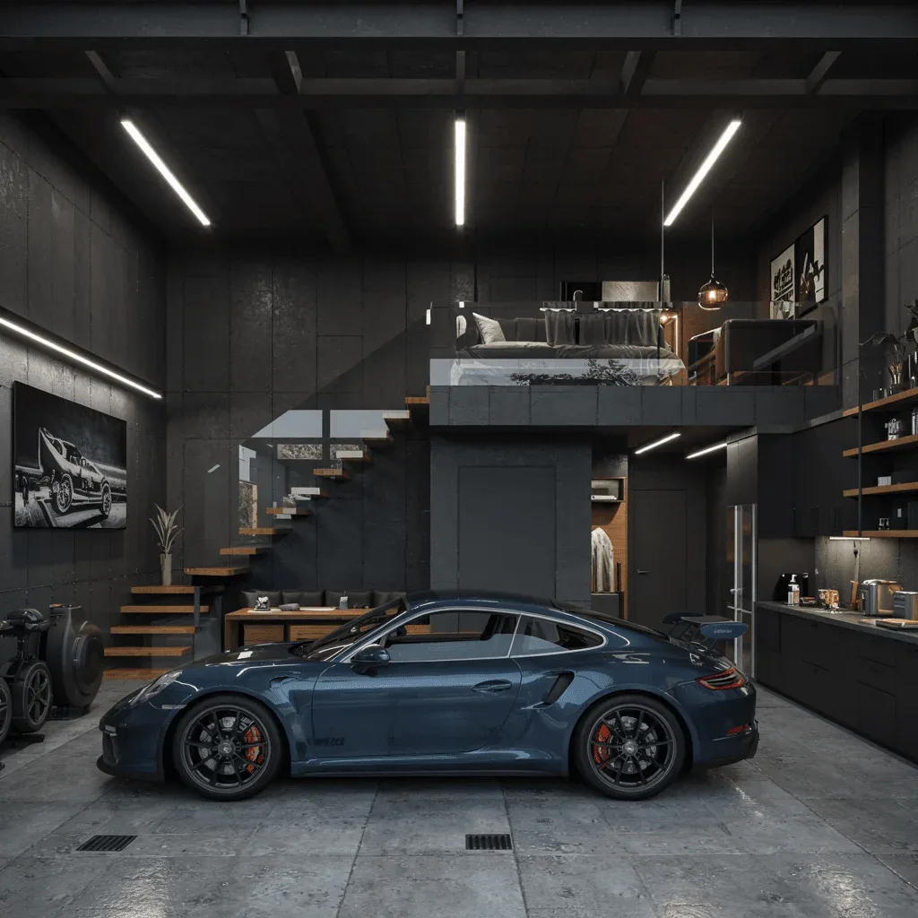 Garage loft idea cutaway with a blue sports car below and a bedroom studio loft above under steel beams