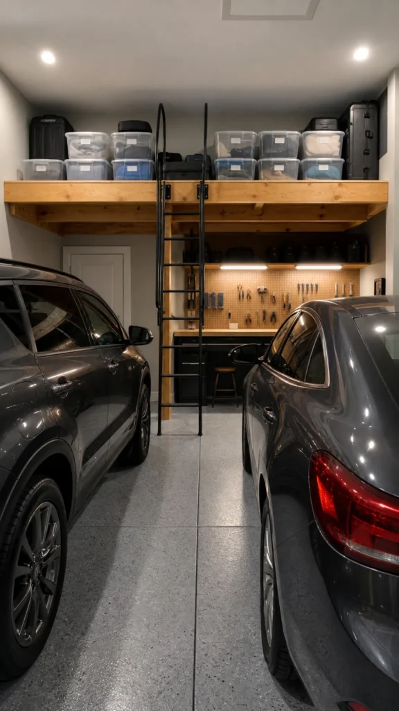 Garage storage loft platform across the back of a two car garage with a steel ladder, clear labeled bins and a workbench below