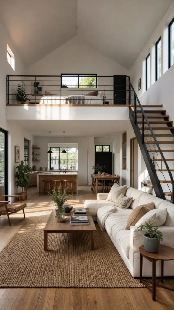 House with loft interior showing a mezzanine bedroom above an open living room with a white sofa, jute rug and black steel stairs