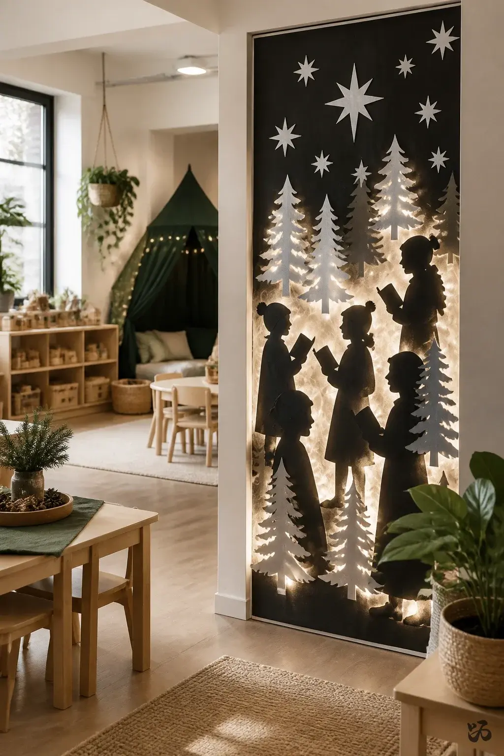 Silhouette Carols on Black Cardstock, christmas classroom door idea for preschool