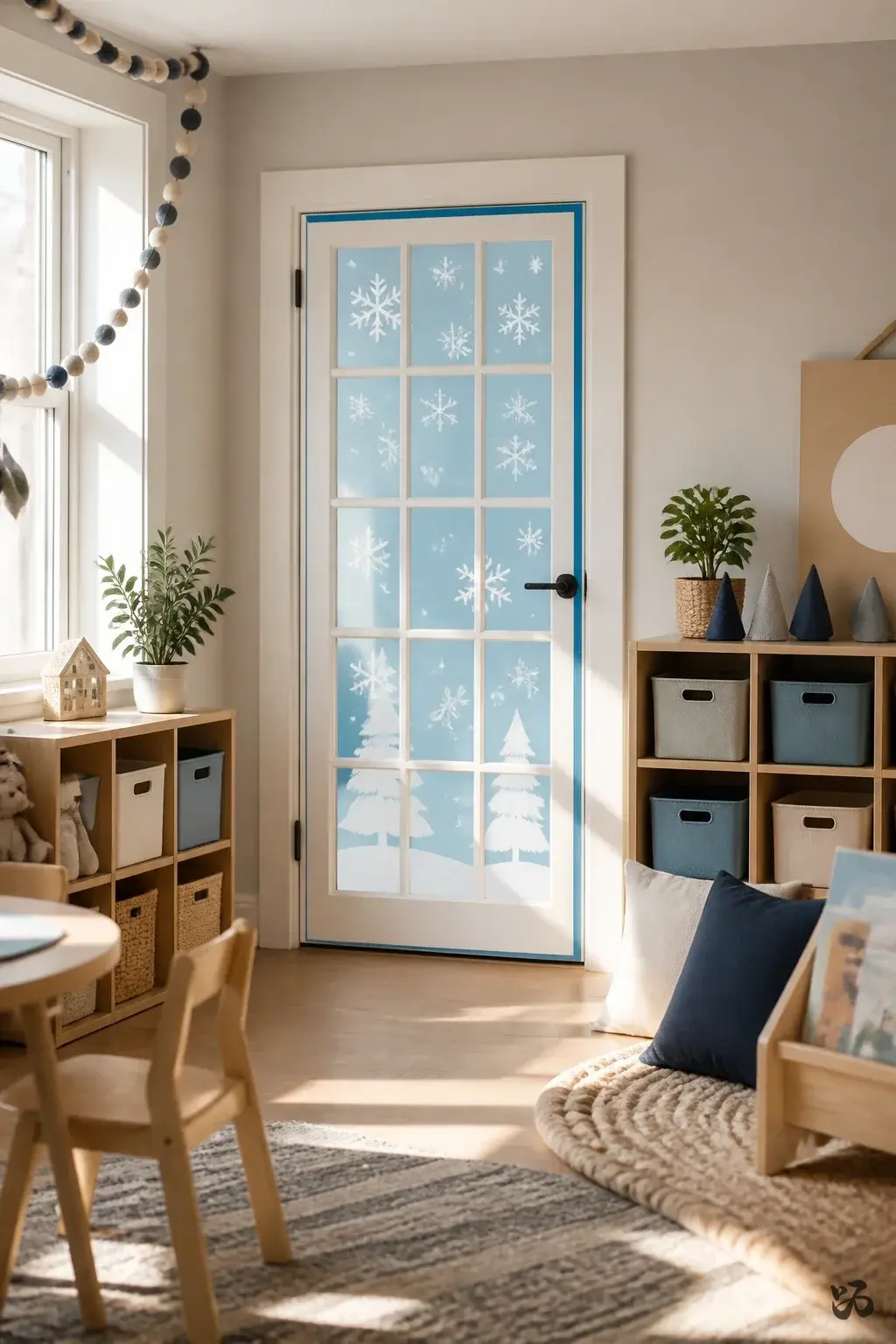 Snowy Windowpane Door with Reusable Cutouts, christmas classroom door idea for preschool