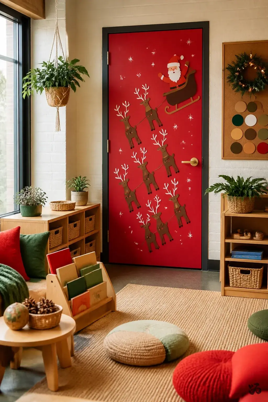 Reindeer Flight on a Red Door, christmas classroom door idea for preschool