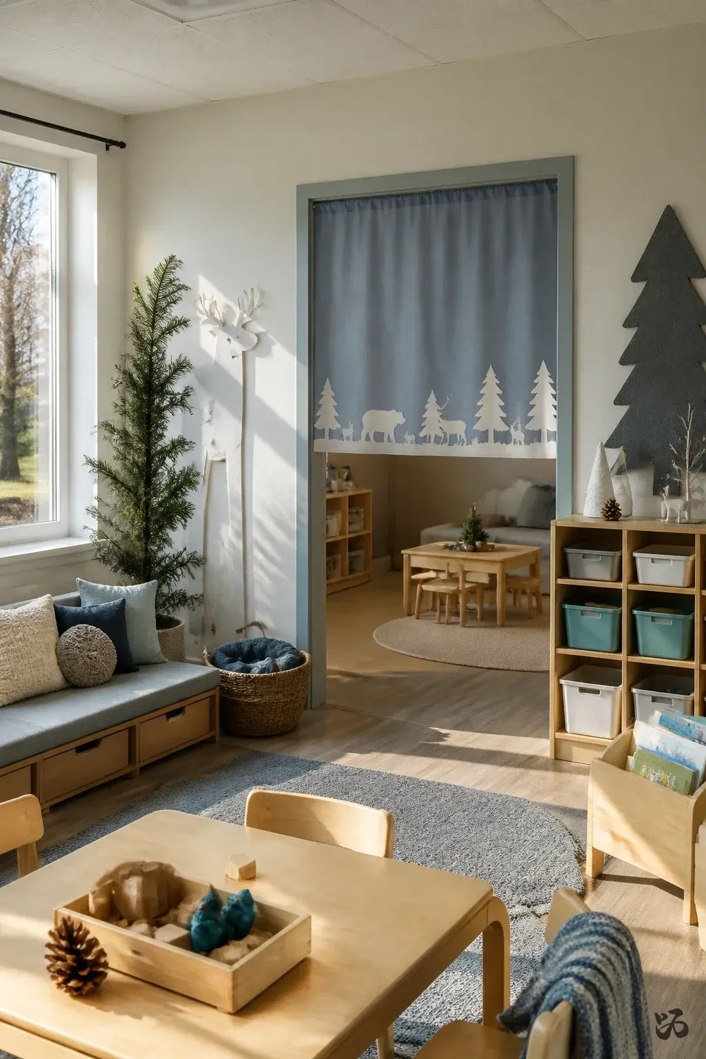 Winter Scene Curtain Door, christmas classroom door idea for preschool