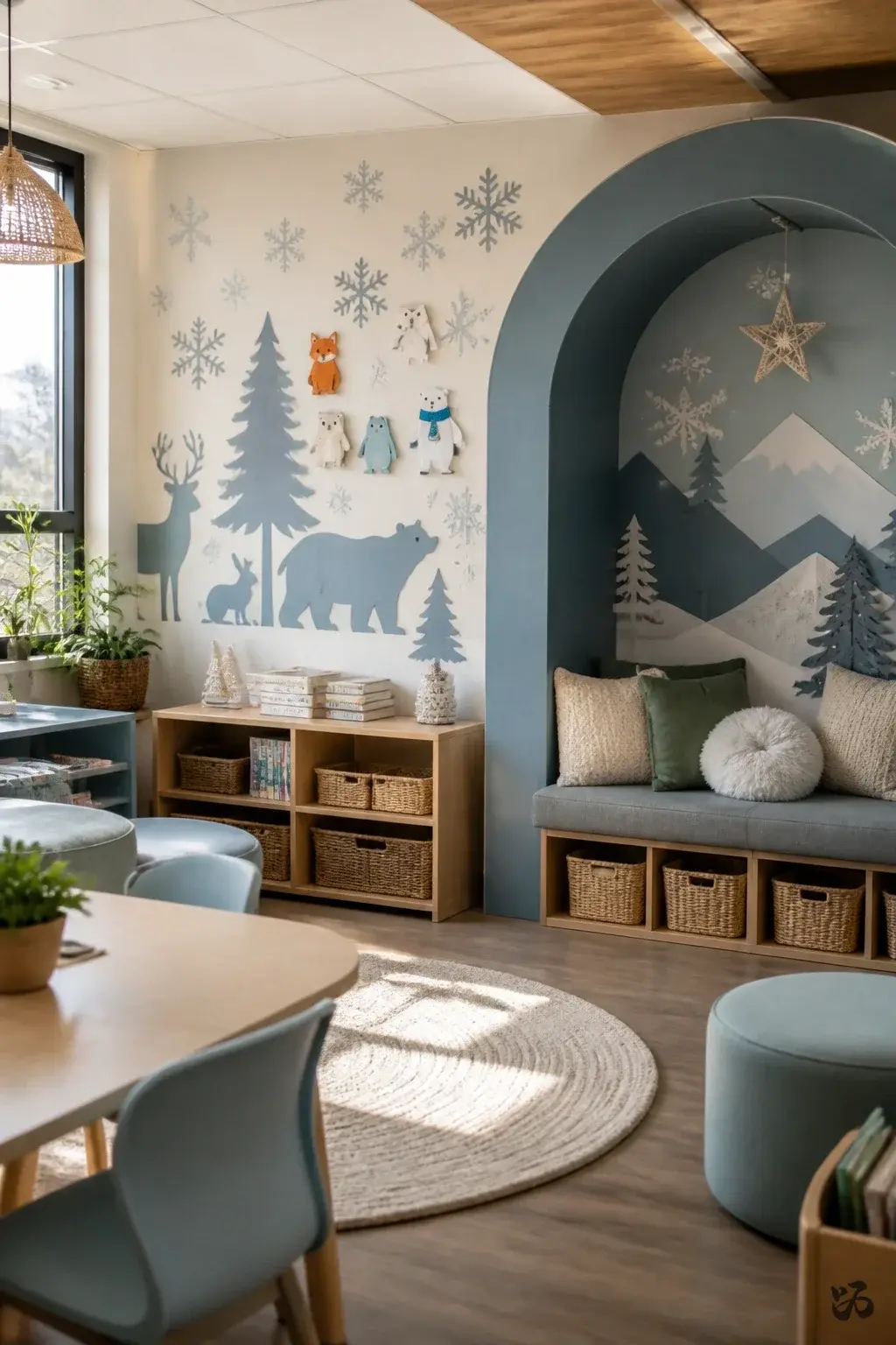 Frosty Friends Mural with Reusable Stencils, december bulletin board idea