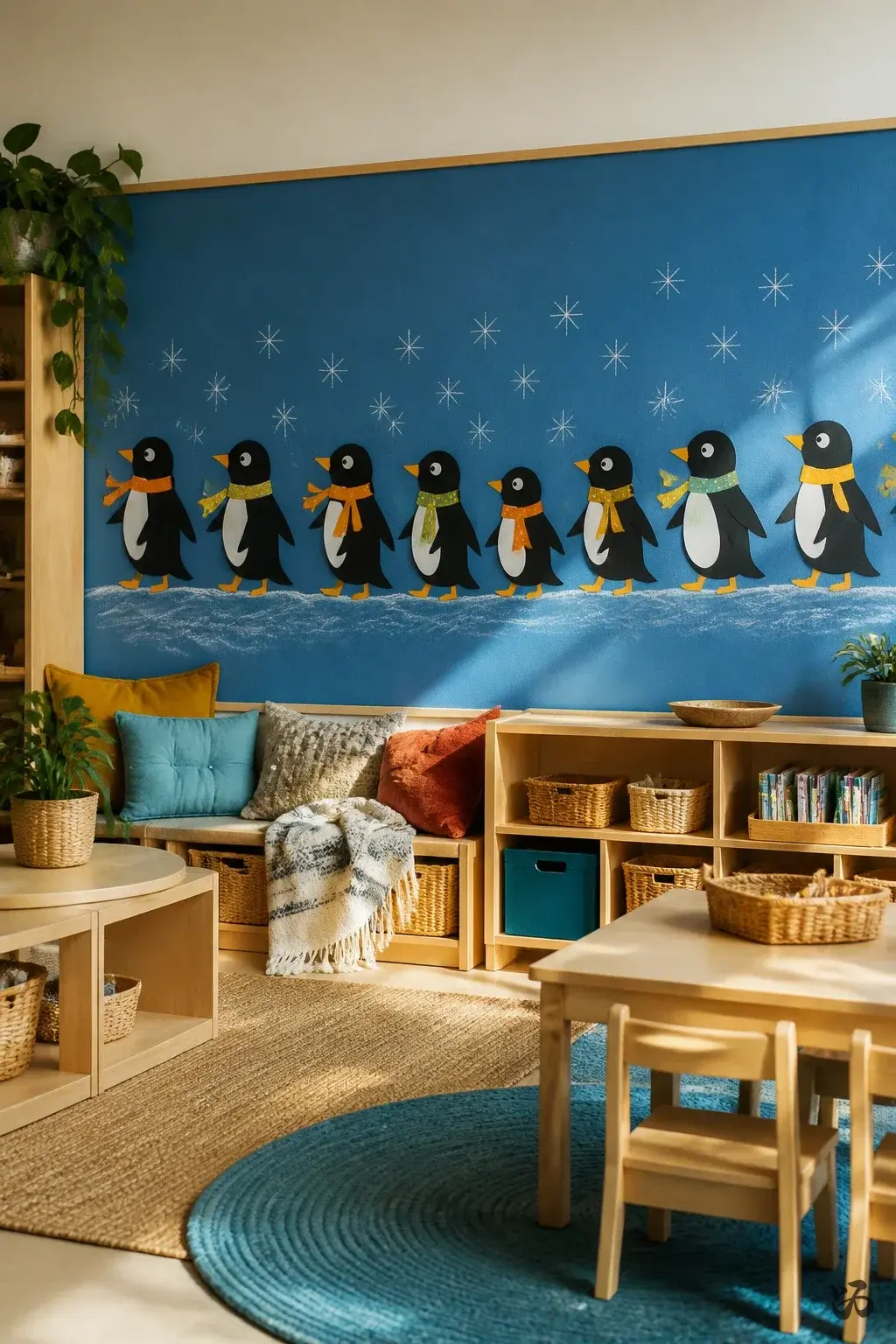 Penguin Parade on the Wall, december bulletin board idea