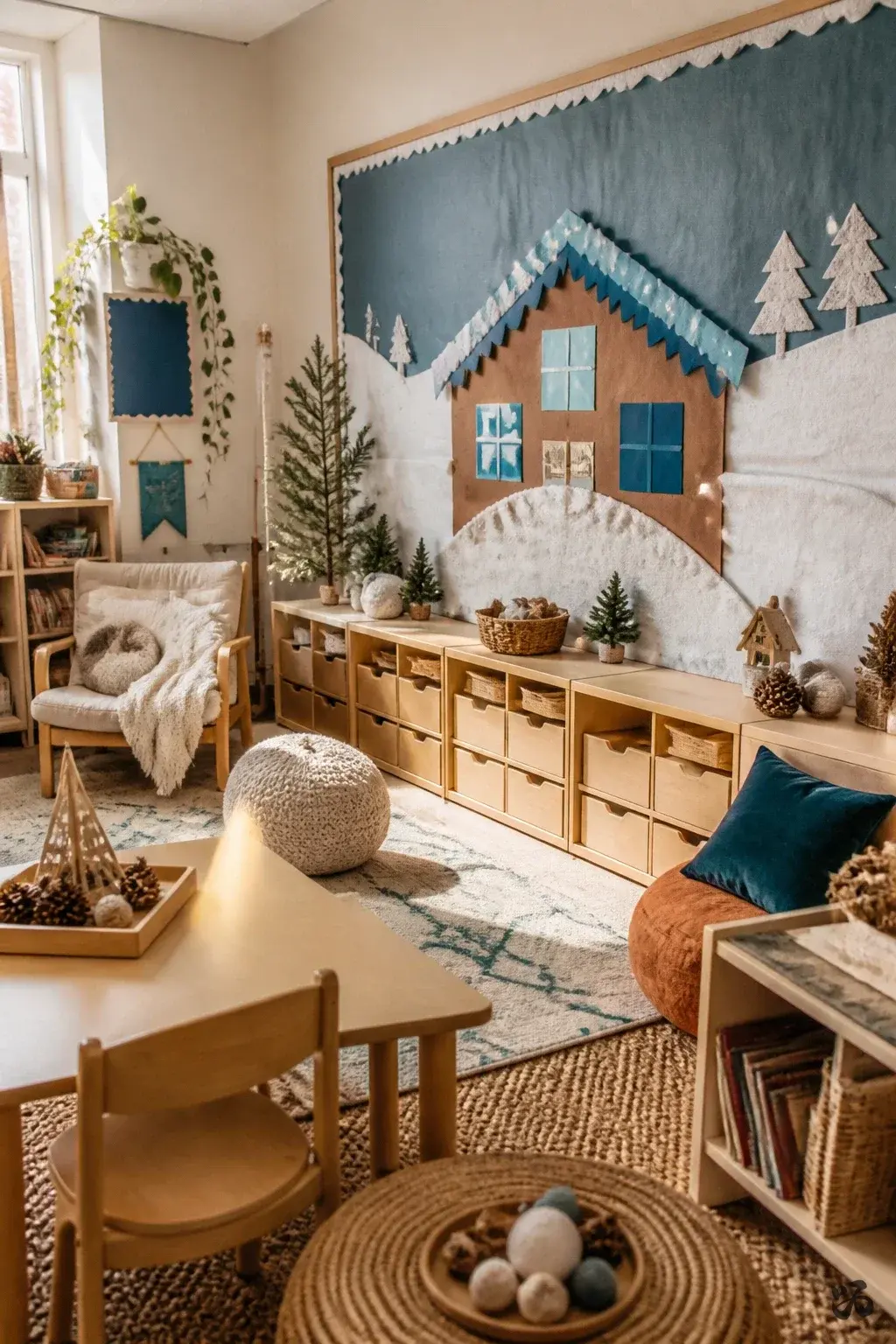 Cozy Cabin Scene, december bulletin board idea