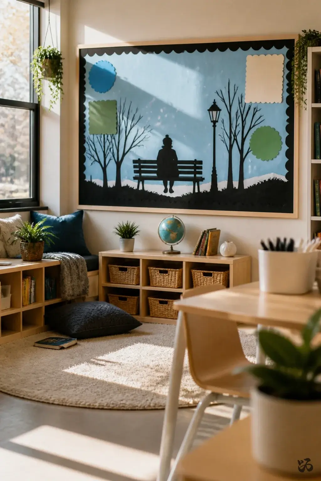 Snowy Scene Silhouette Bench, december bulletin board idea