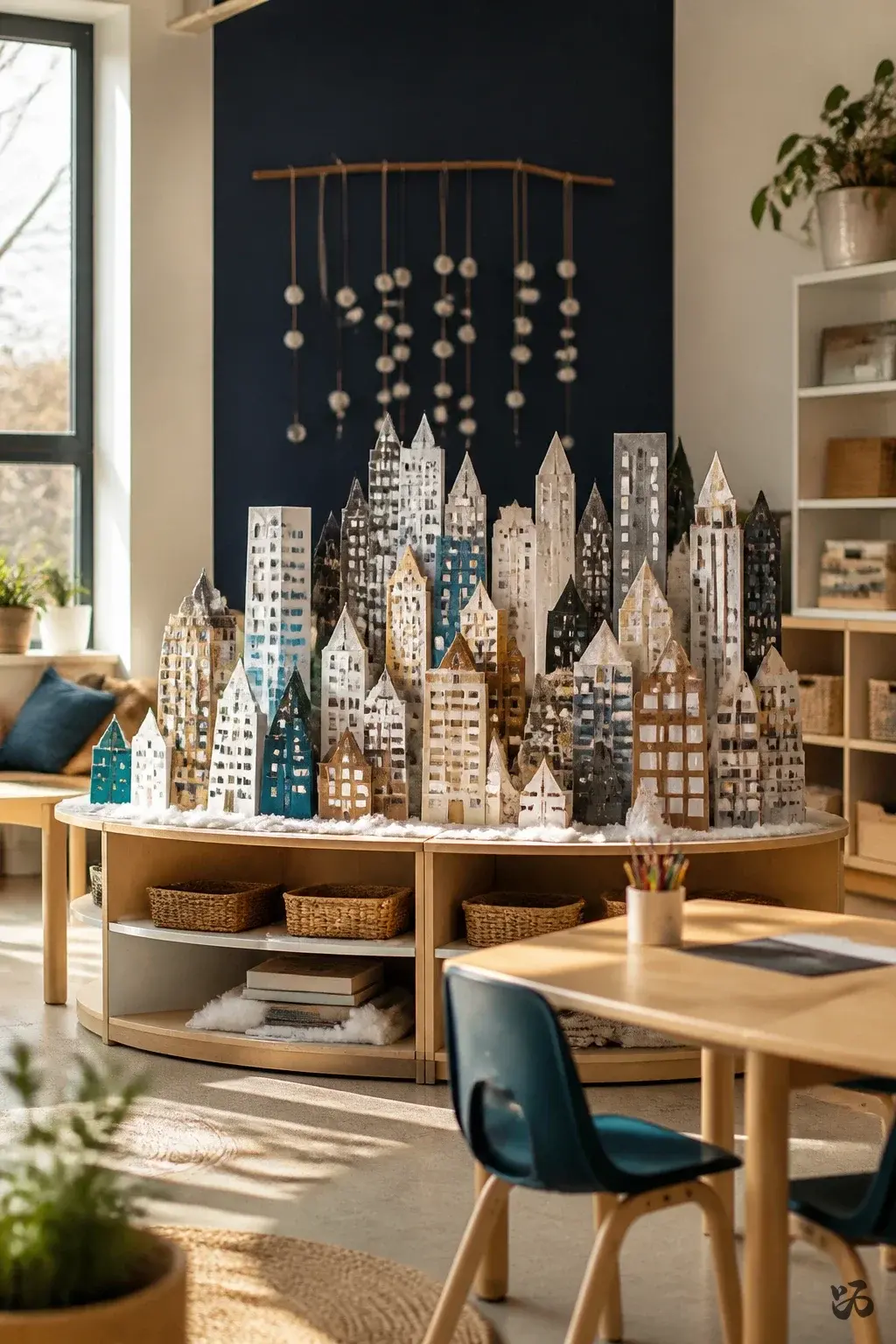 Recycled Winter Cityscape, december bulletin board idea