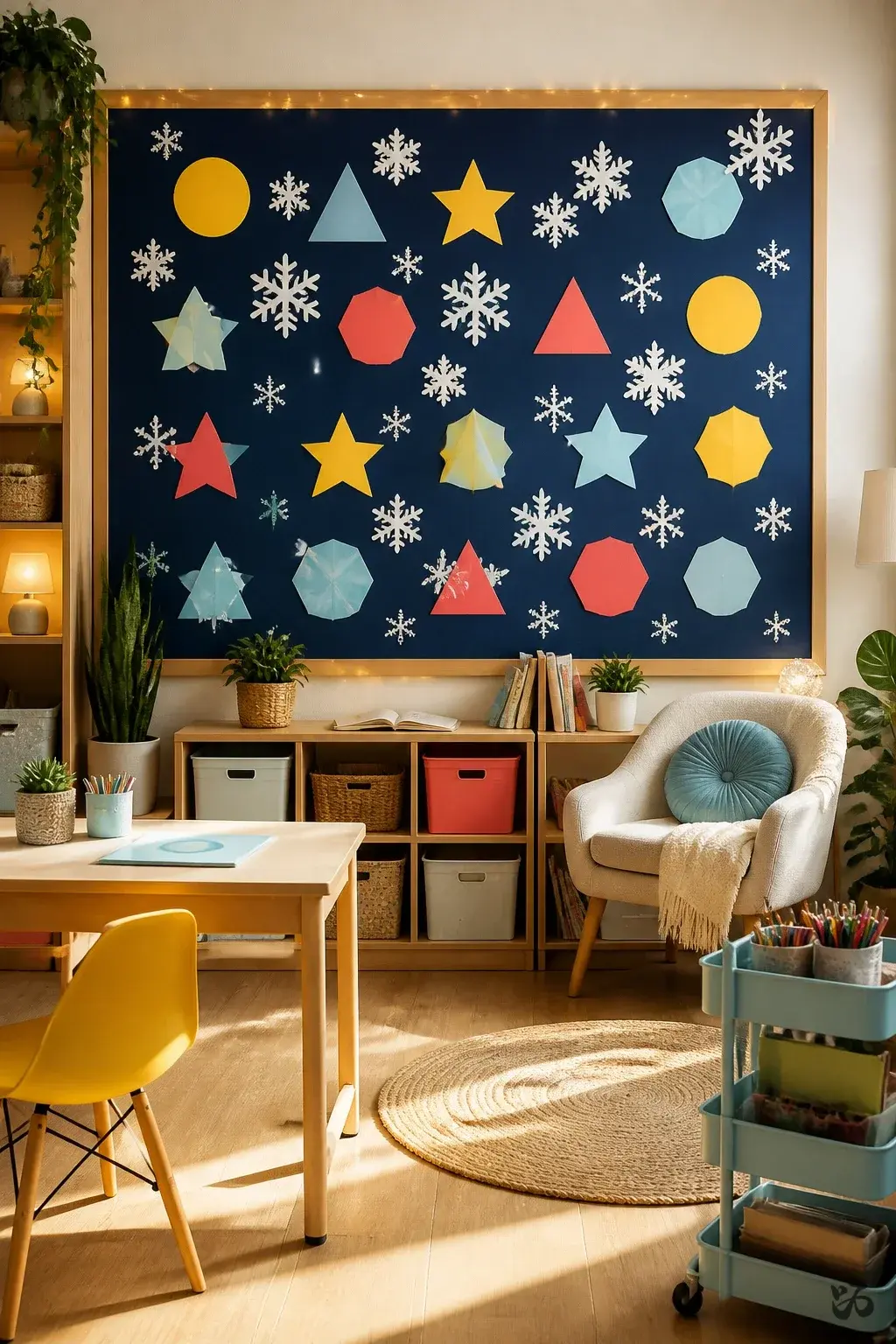 Winter Chalkboard Alphabet with Cutout Snowflakes, christmas bulletin board idea