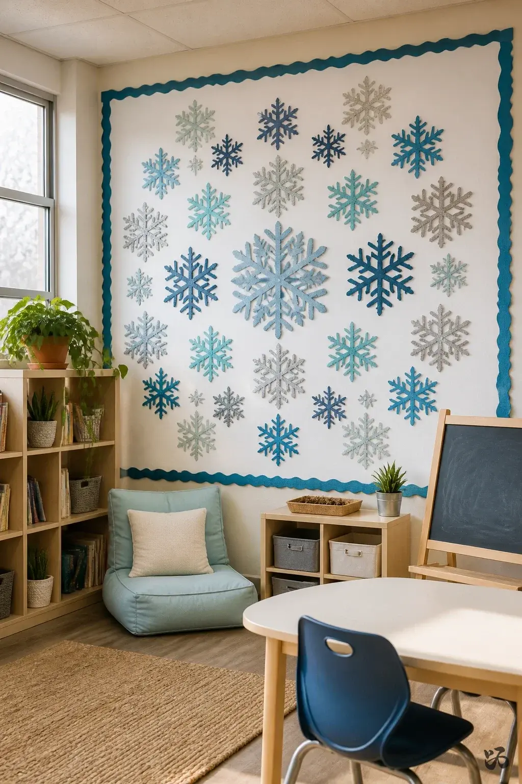 Snowflake Symmetry Wall, christmas bulletin board idea