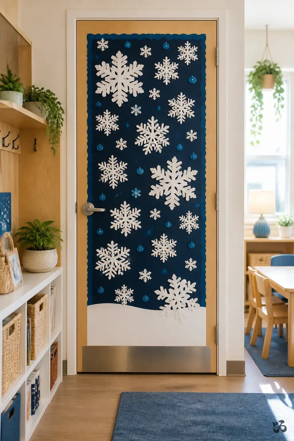 Glitter-Free Snowflake Door Collage, kindergarten christmas classroom door