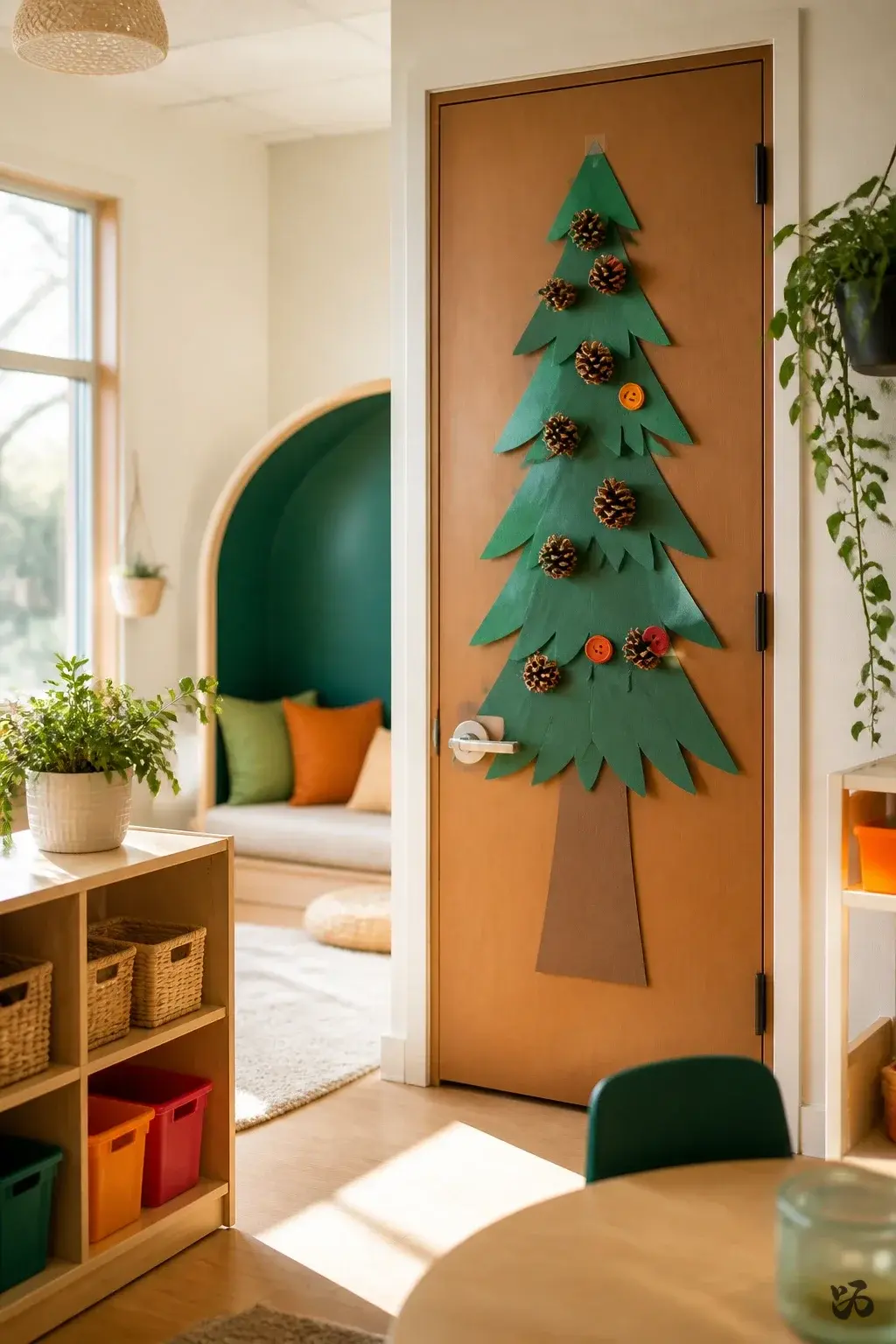 Pinecone Tree Corridor Door, kindergarten christmas classroom door