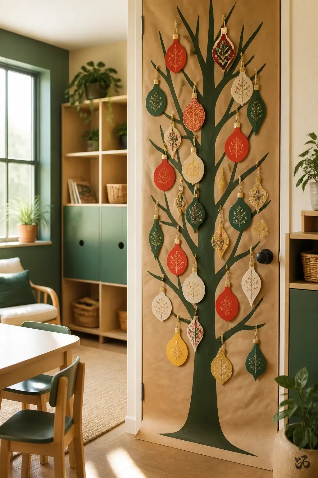 Festive Door Tree Ornaments, kindergarten christmas classroom door