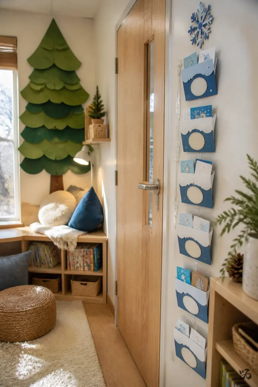 Snowy Pockets Door, kindergarten christmas classroom door