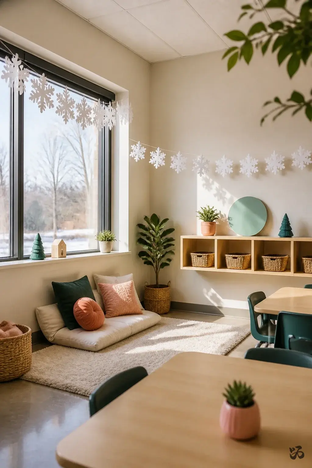 Minimalist Snowflake Garland Along the Window, calm classroom christmas decor