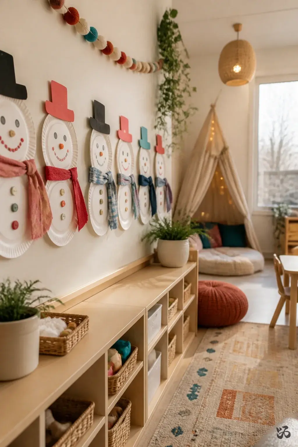 Paper Plate Snowmen on a Wall Row, calm classroom christmas decor