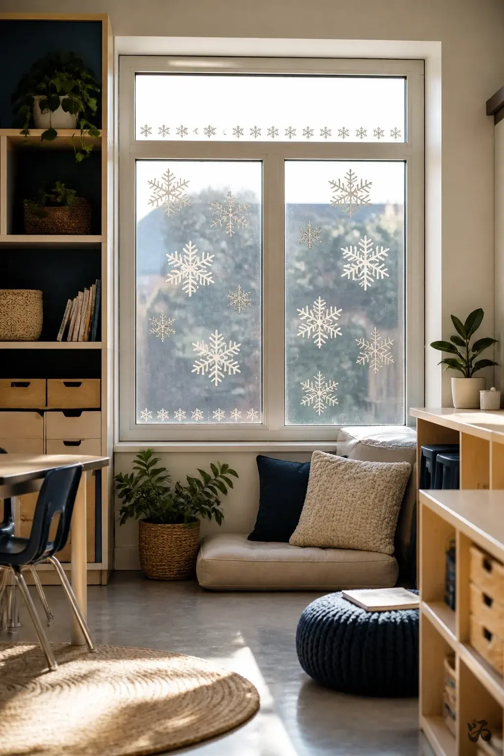 Snowflake Window Cling Frames, calm classroom christmas decor