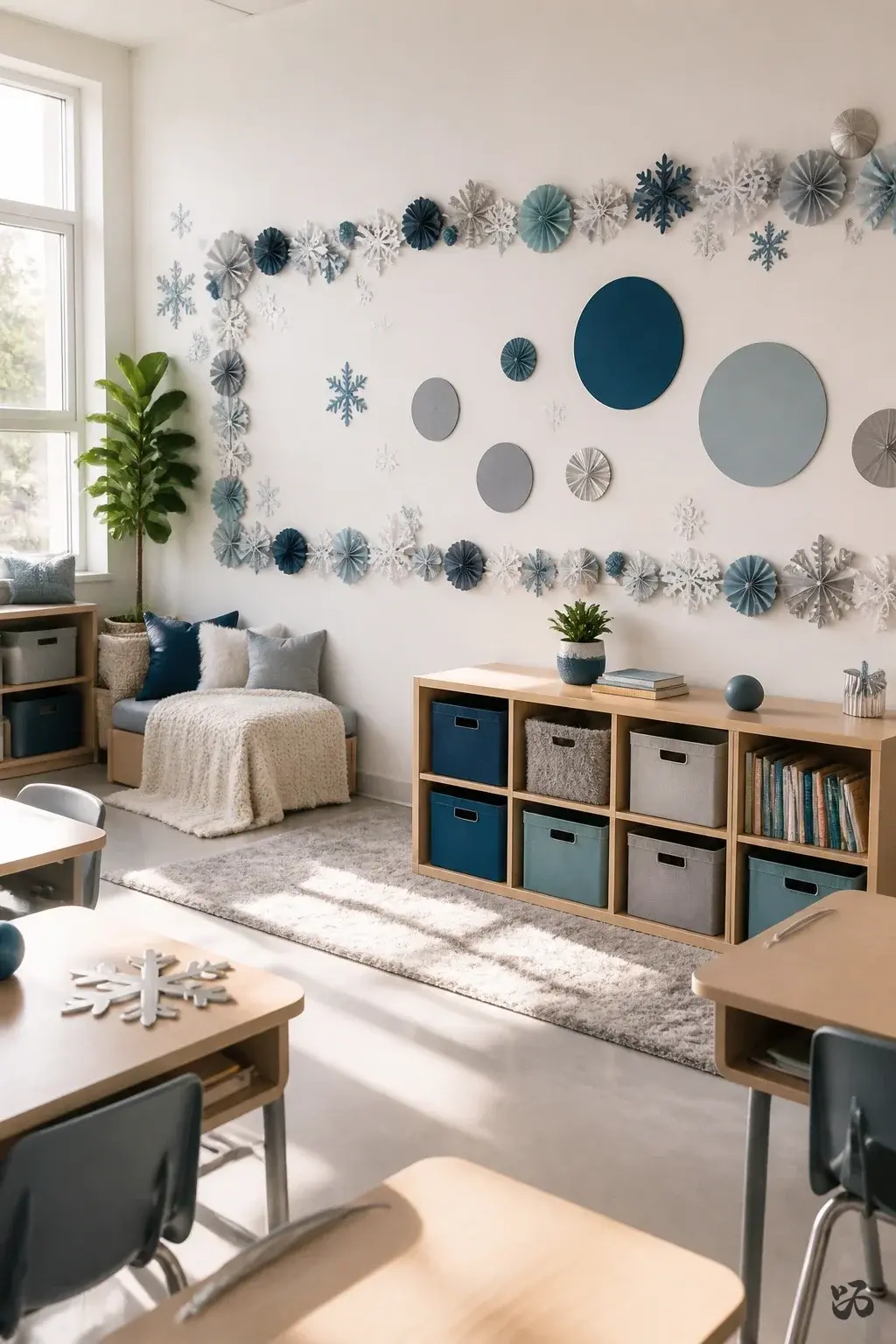 Snowy Alphabet Wall, calm classroom christmas decor