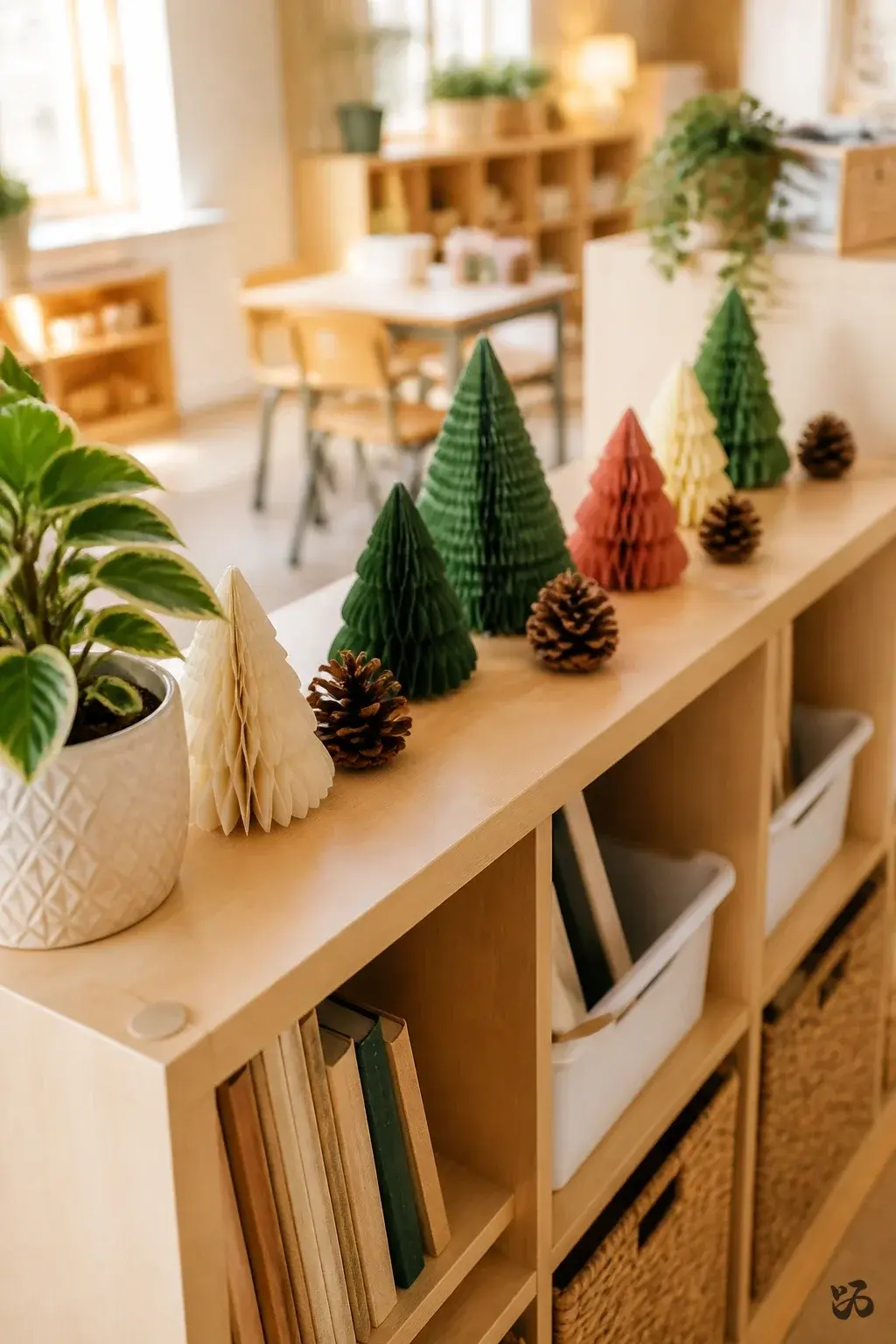 Simple Holiday Shelvescape, calm classroom christmas decor