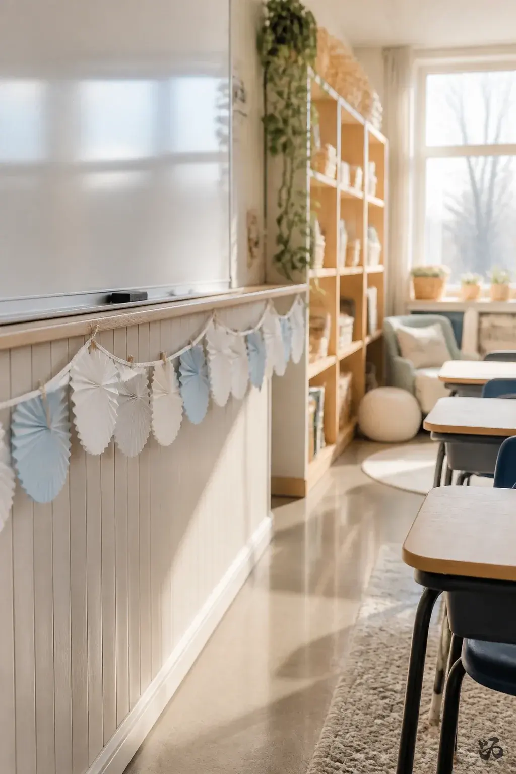 Cupcake Liner Snow Garland, calm classroom christmas decor