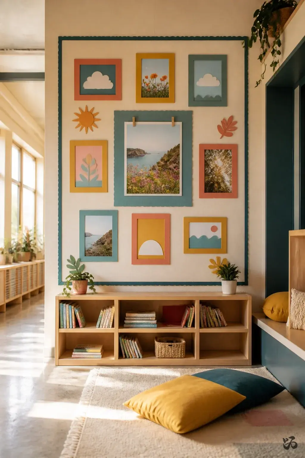 Classroom wall decor idea: Student Photo Frames on a Corridor Wall