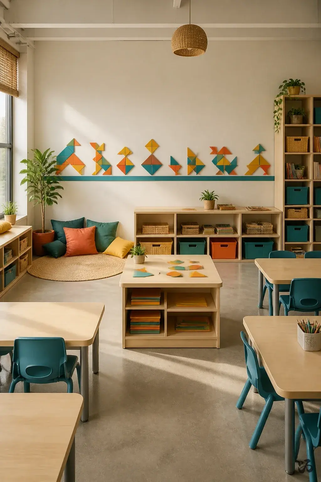 Classroom wall decor idea: Tangram Shape Parade