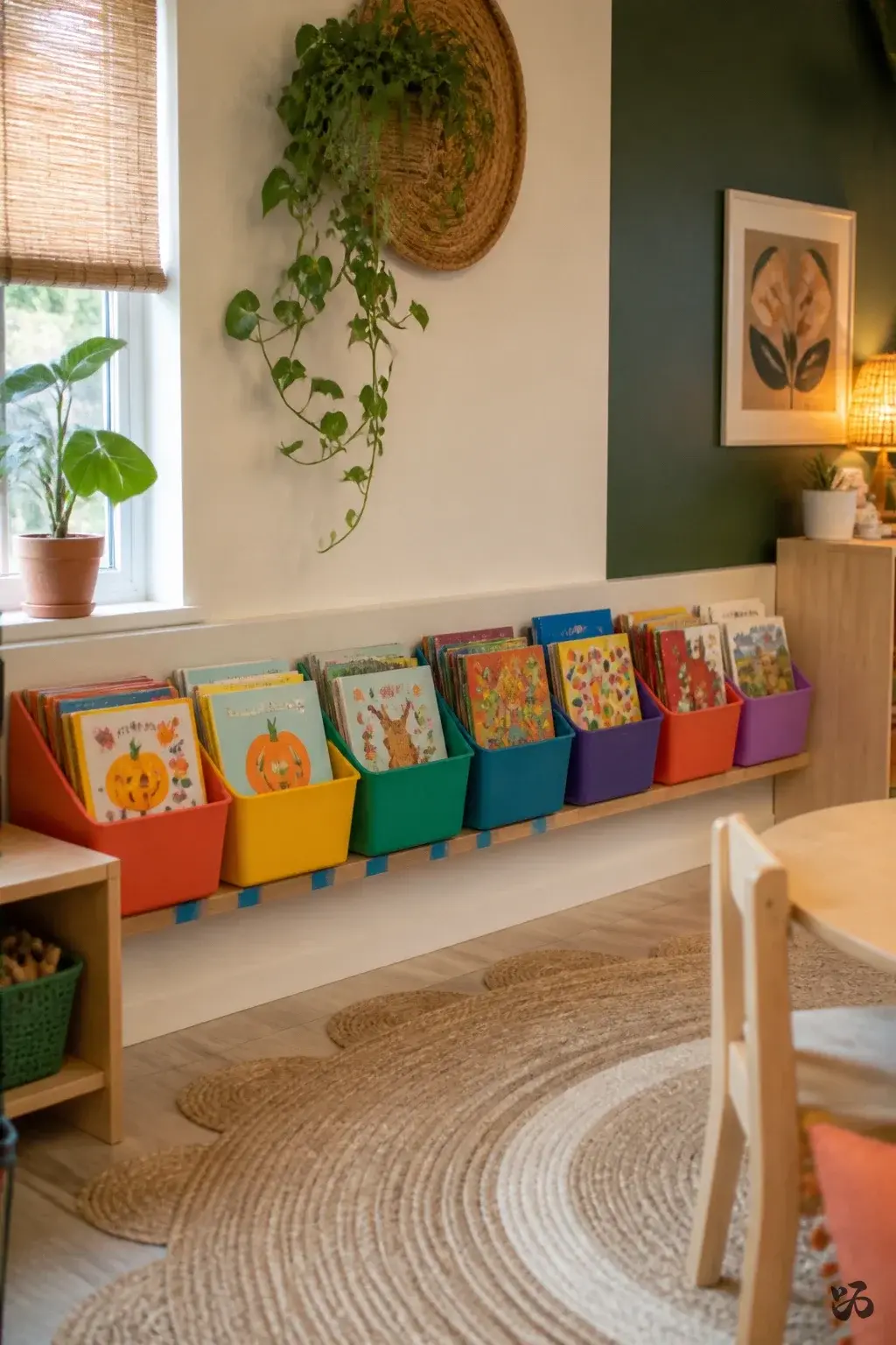 Classroom reading corner idea: Colorful Wall Ledge with Seasonal Booklets