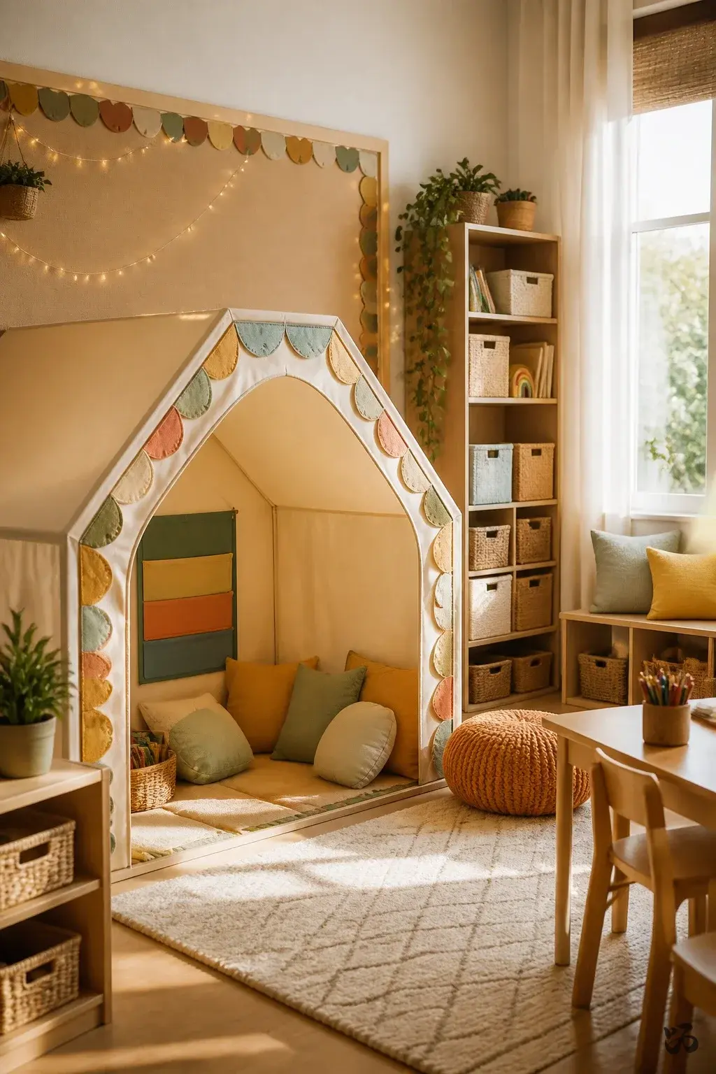 Classroom reading corner idea: Reading Tent under a Bulletin Board