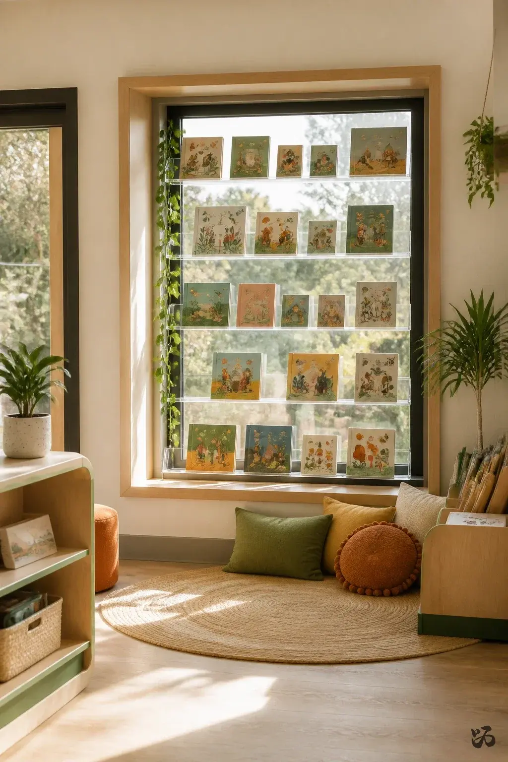 Classroom reading corner idea: Framed Reading Window with Transparent Shelves
