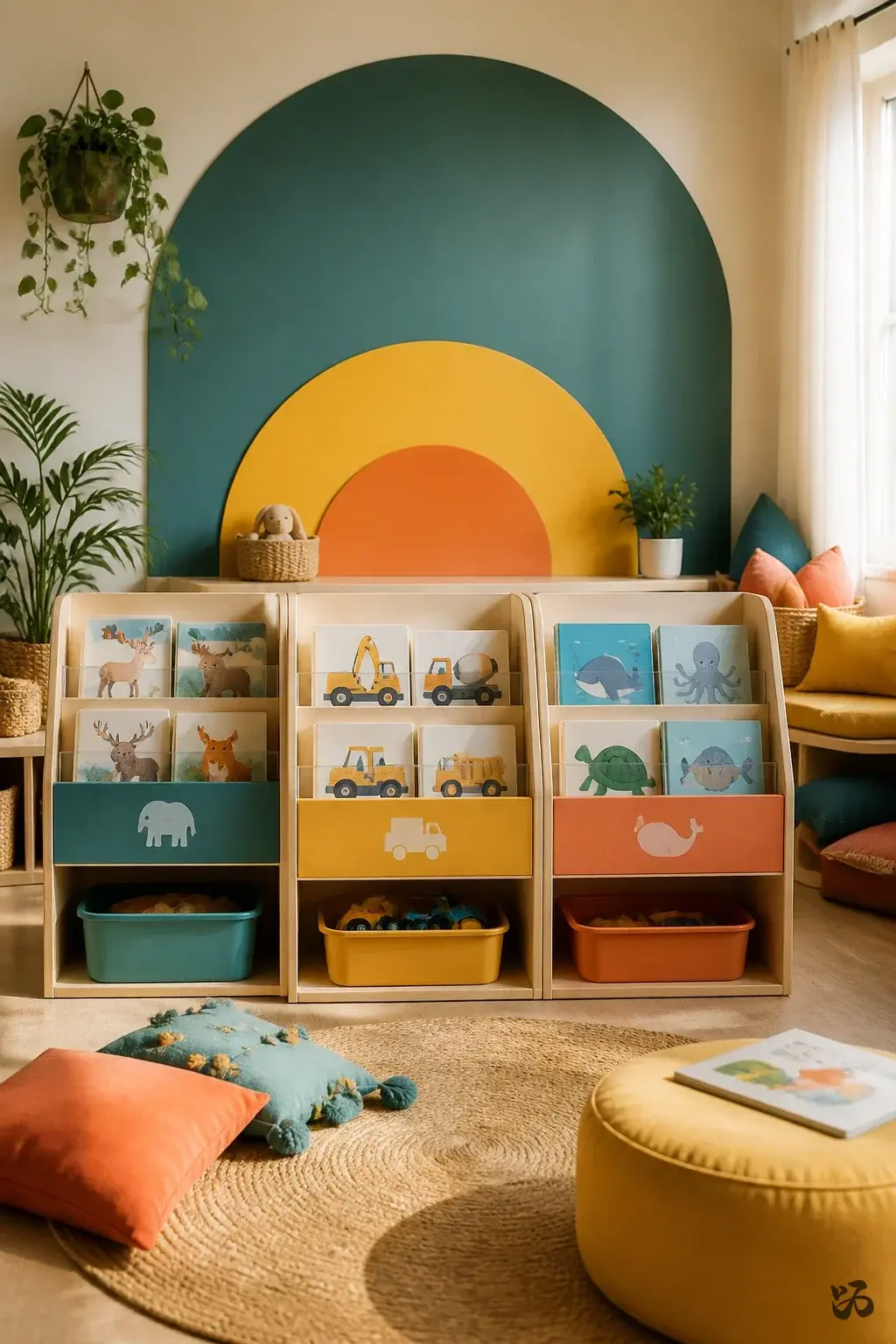 Classroom reading corner idea: Open-Top Shelves with Themed Book Bins