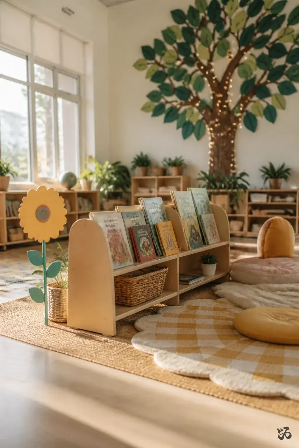 Classroom reading corner idea: Floor Book Ledge with Soft Throw Rugs
