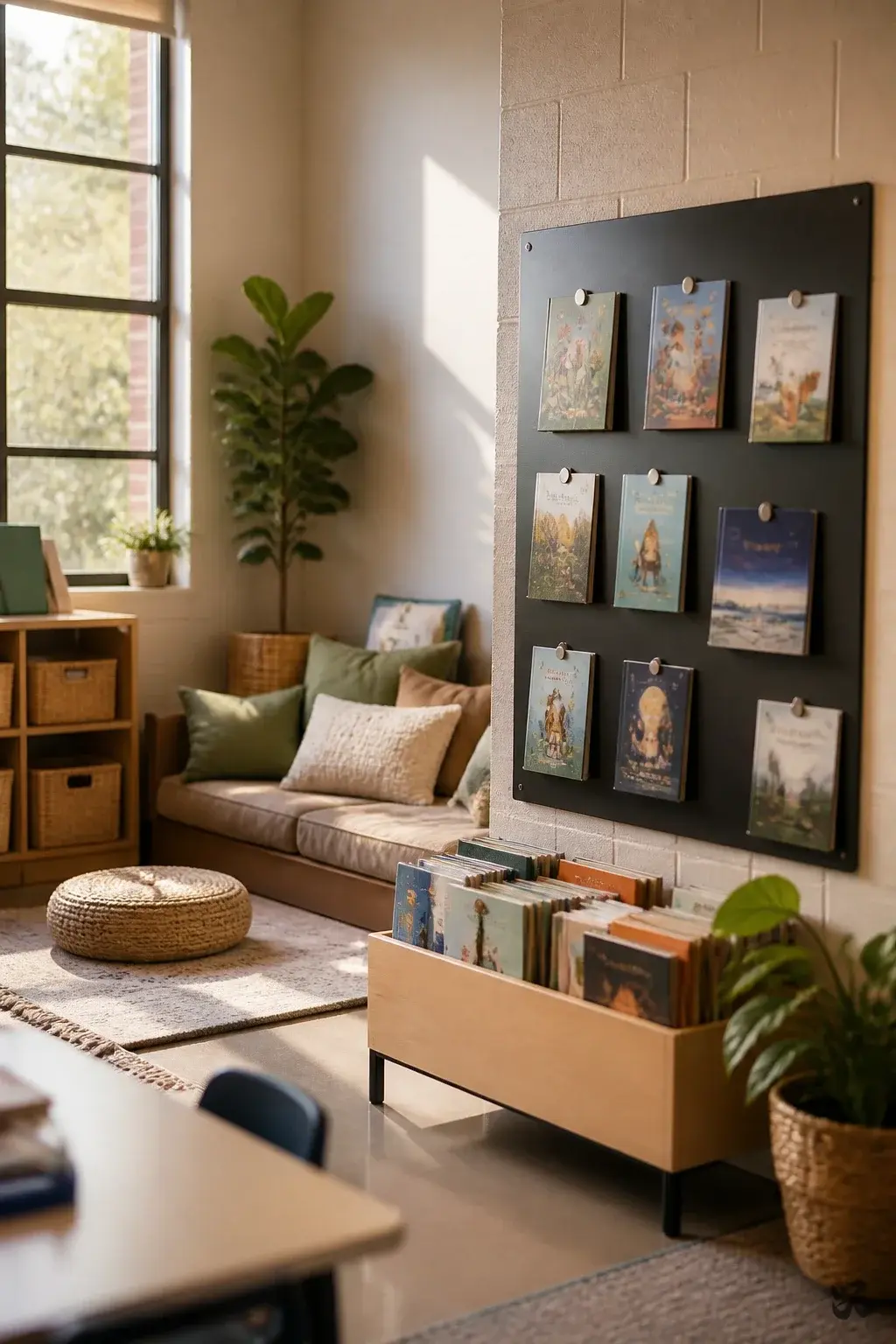 Classroom reading corner idea: Magnetic Book Wall on a Cinder Block Corner