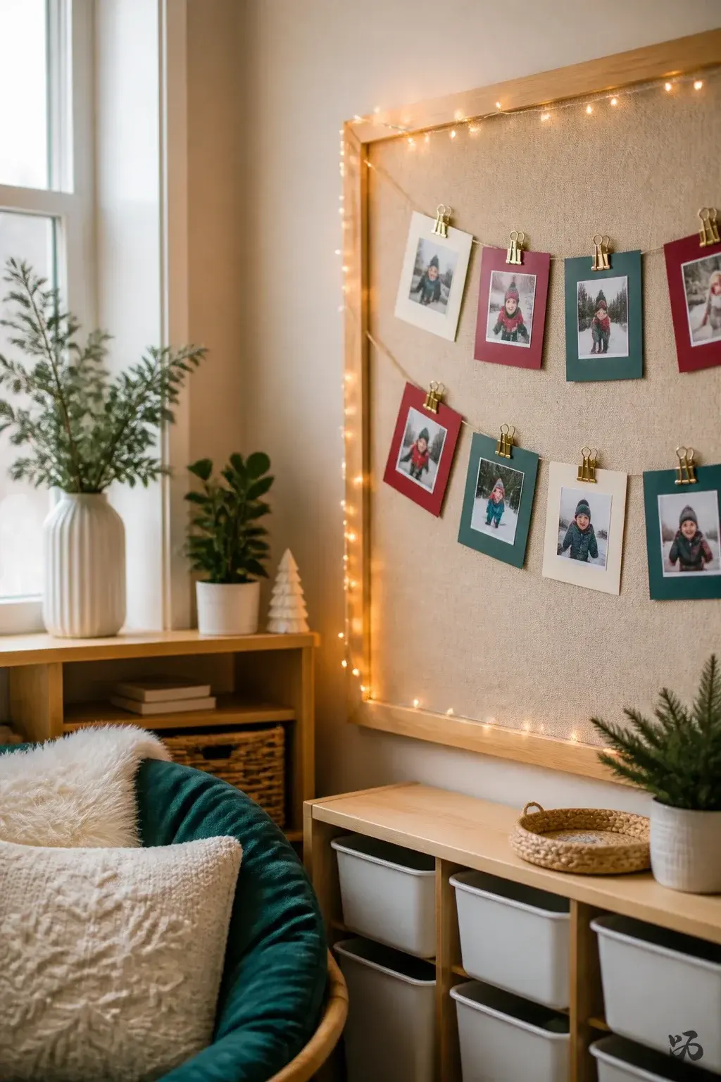 Christmas classroom display idea: Personal Photo Garland on Bulletin Board Corners