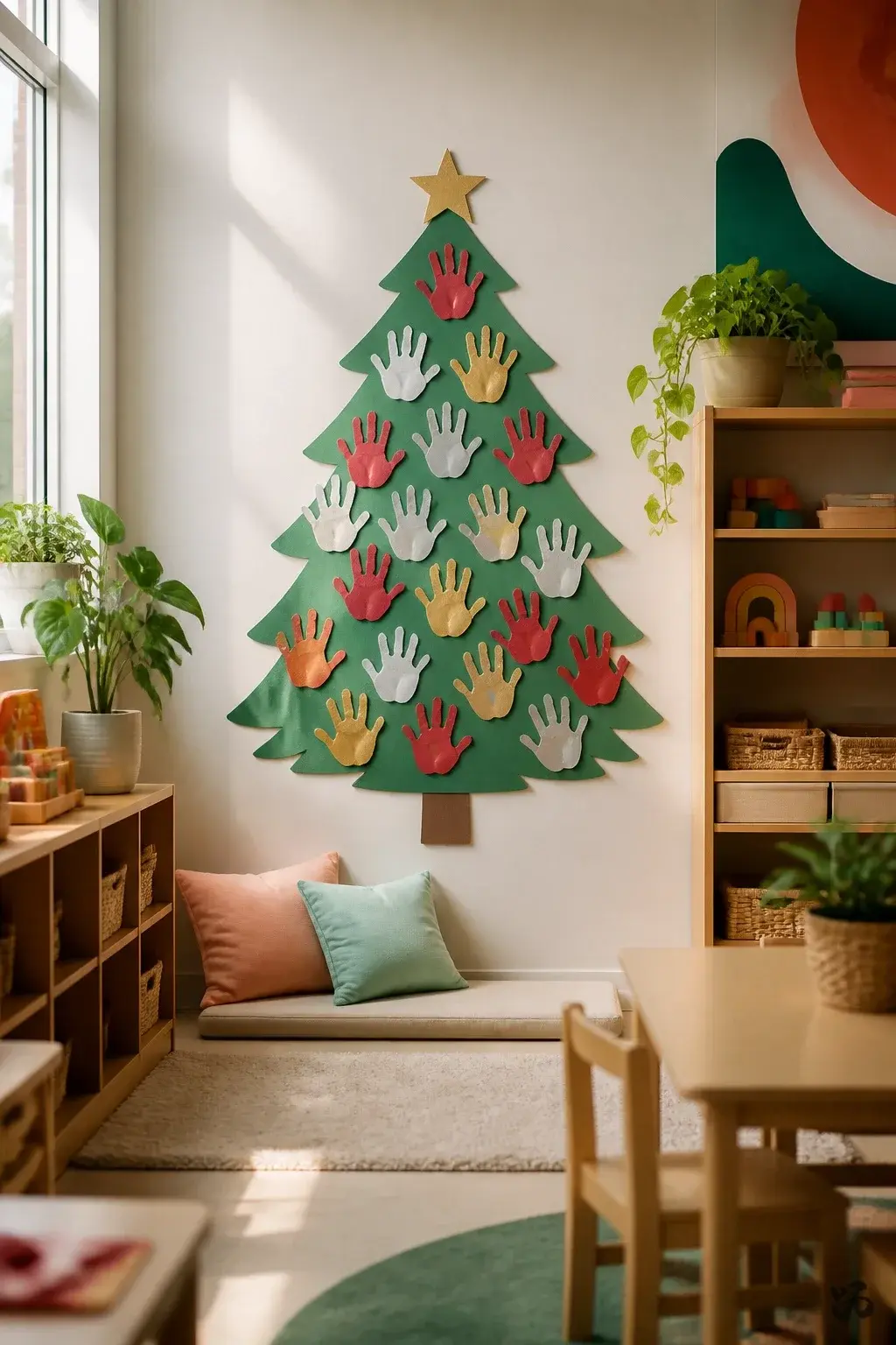 Christmas classroom display idea: Handprint Ornaments on a Shared Christmas Tree