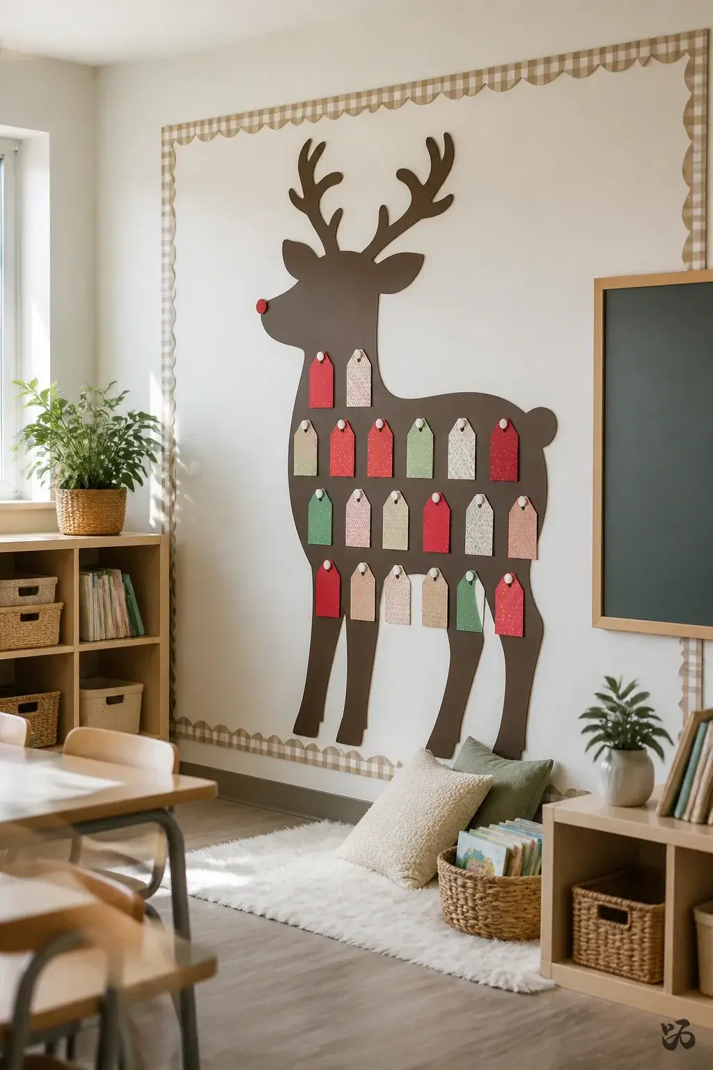 Christmas classroom display idea: Reusable Gift Tags on a Reindeer Wall