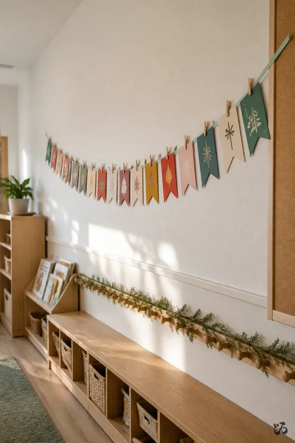 Christmas classroom display idea: Holiday Flags on a Corridor Wall