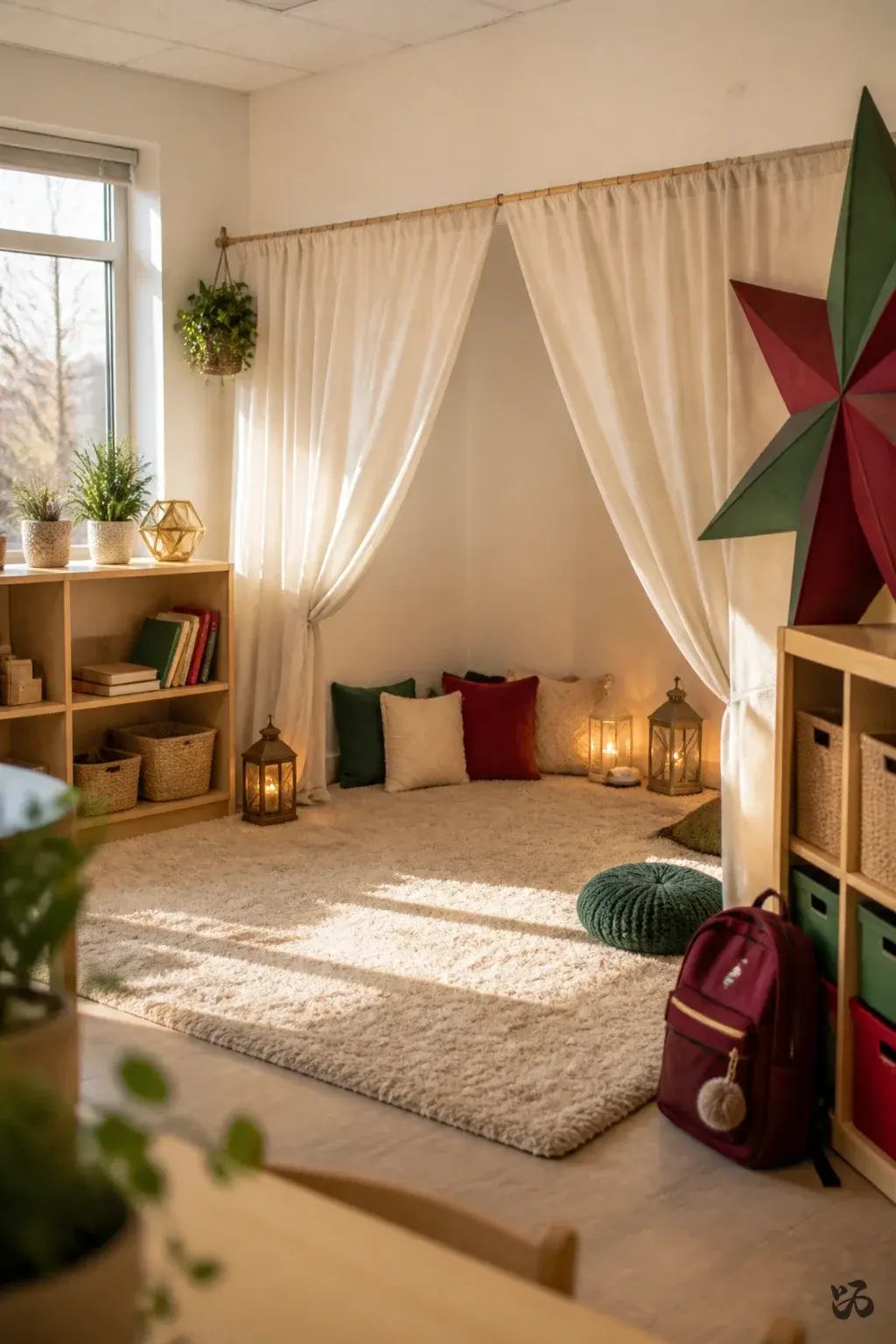 Christmas classroom party idea: Linens and Lights Quiet Area