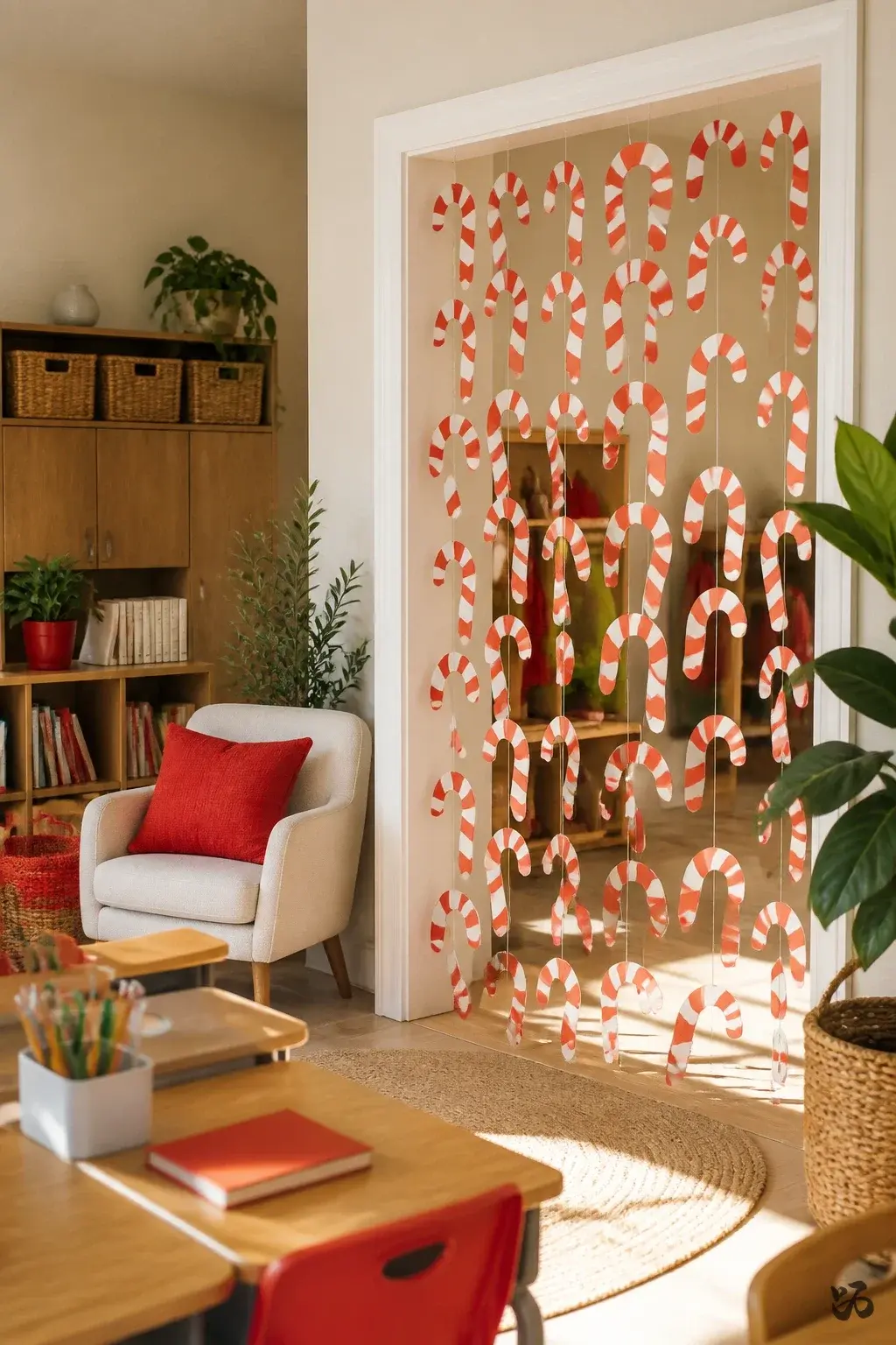 DIY paper Christmas classroom decoration: Paper Candy Cane Curtain