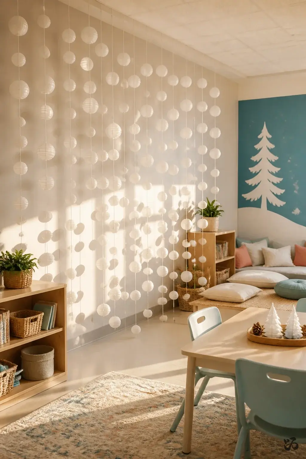 DIY paper Christmas classroom decoration: Paper Lantern Snowfall Curtain