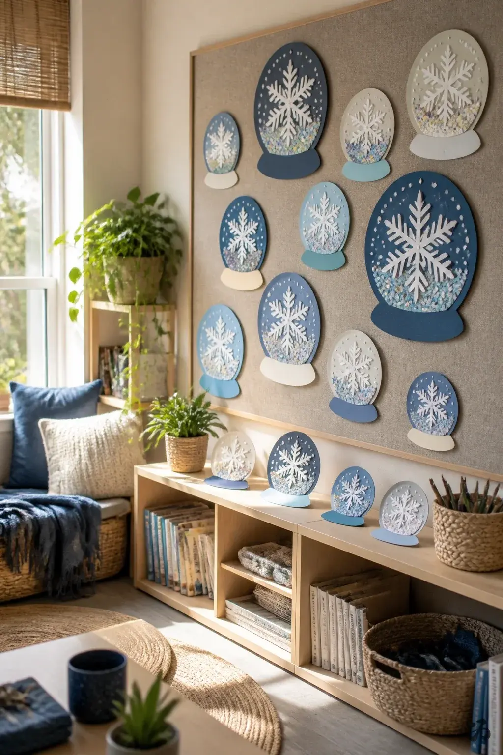 DIY paper Christmas classroom decoration: Paper Plate Snow Globe Wall