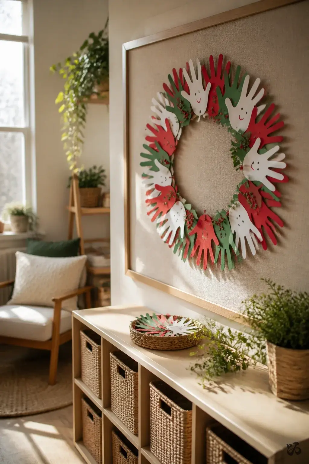 DIY paper Christmas classroom decoration: Handprint Holly Wreath